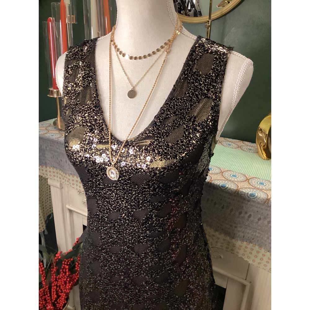 Express Black Gold Sequin V-Neck‎ Mini Dress Sleeveless Party Cocktail XS - Picture 2 of 8